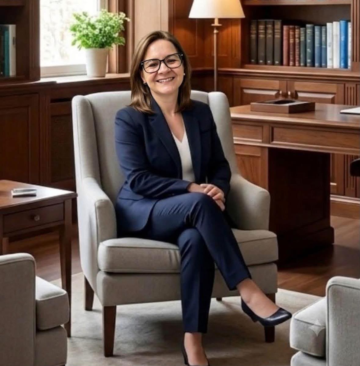 Mari Porto, psicóloga, sorrindo em seu consultório